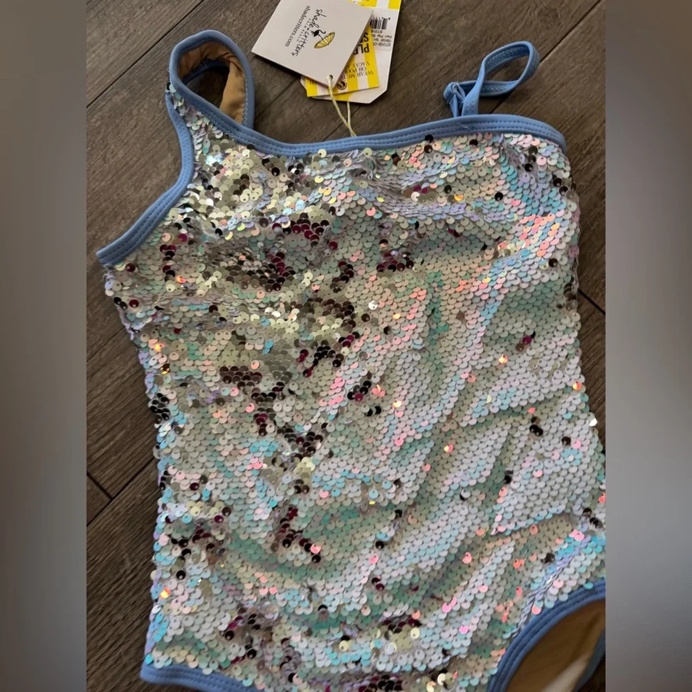 Kids One Shoulder Sequin Swim One Piece - Blue